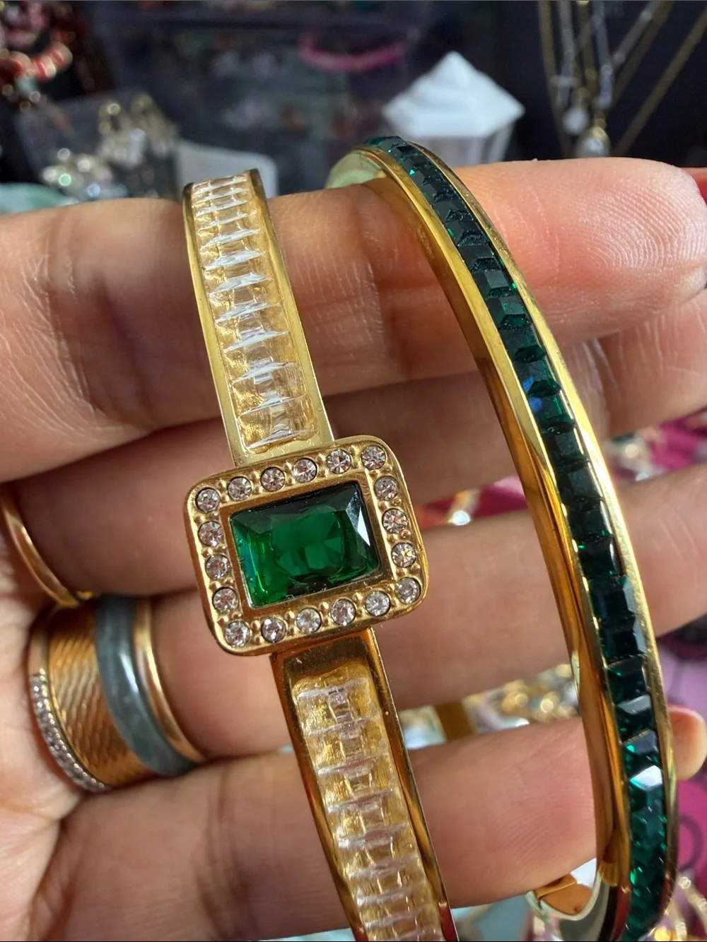 Gold-Plated Green Stone Bangle Bracelet Set